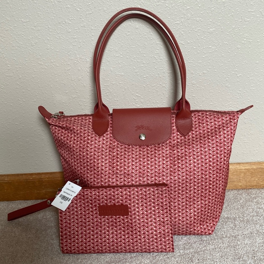 Longchamp le pliage medium red (antique pink) pattern bag and matching wristlet